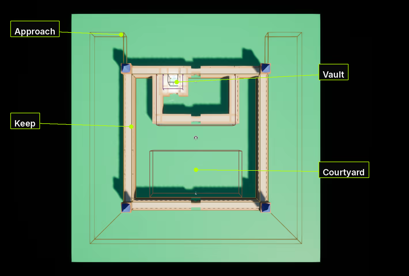 Region layout seen from above, volumes outlined over the level.